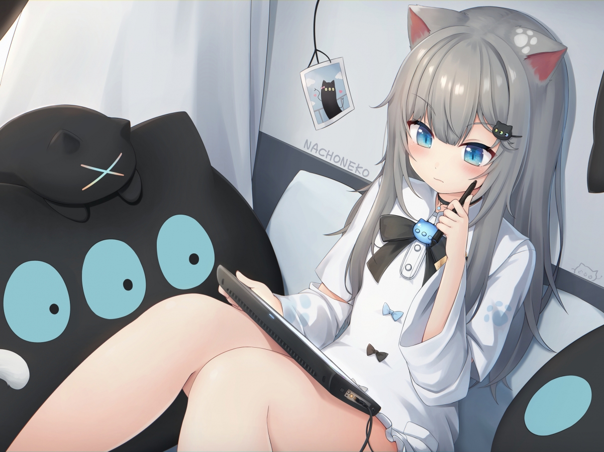 二次元萌猫耳少女，蓝色眼眸iPad壁纸，高清2732x2048，可爱平板背景图下载
