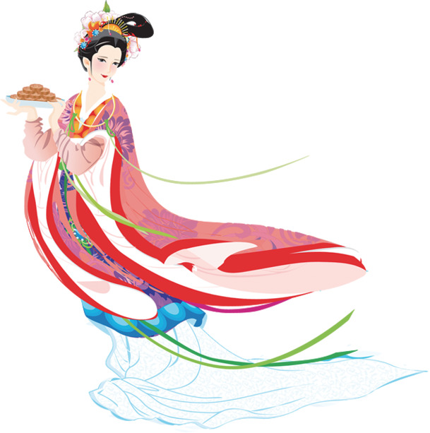 嫦娥赠月，中秋月饼古装PNG透明图，国风设计素材免费下载