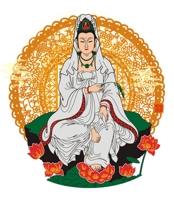 观音菩萨PNG透明图，国风装饰元素，PSD设计素材免费下载