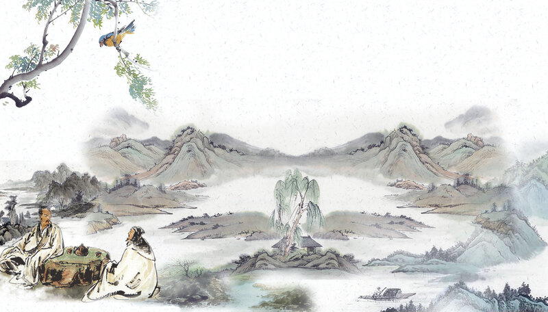水墨古树品茗意境，古风PSD设计素材，高清JPG图片，中国风复古风格，下载即用