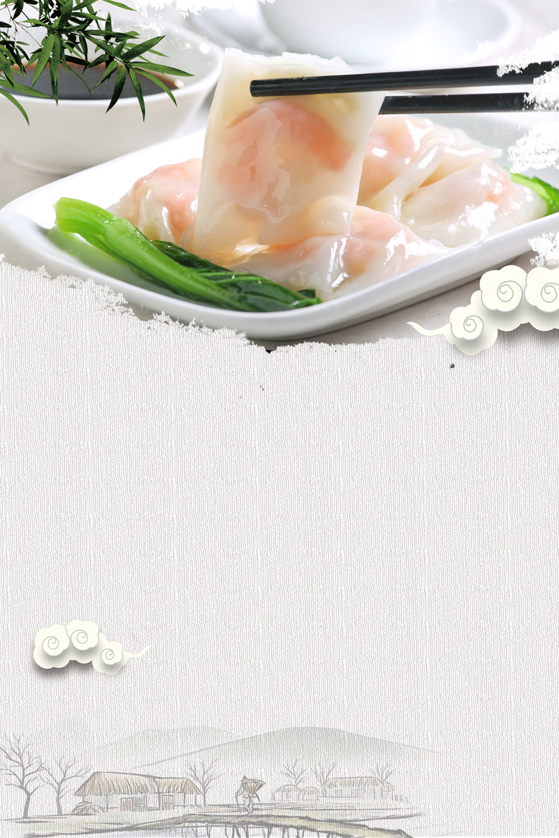 广州肠粉美食海报，复古中国风高清背景素材，JPG/PSD格式下载