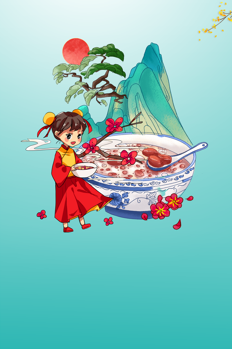 腊八节手绘国潮背景图，腊八粥人物与花朵，复古中国风PSD/JPG素材下载