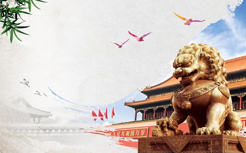中国风水墨石狮建筑，廉政党建海报背景，复古高清JPG/PSD设计素材下载