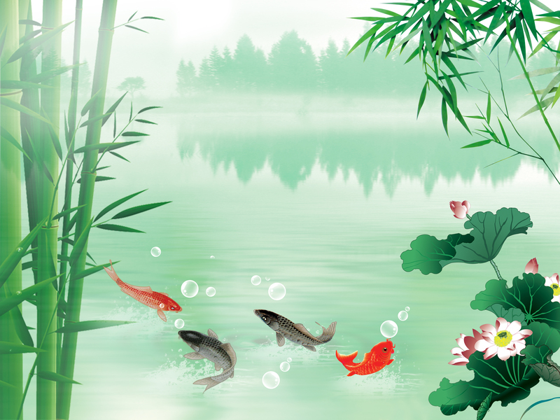中国风水墨荷花鲤鱼复古海报背景，高清JPG/PSD设计素材下载