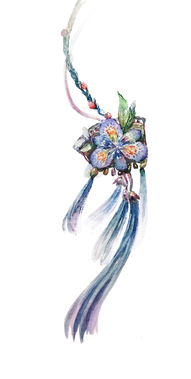 古风玉佩水彩手绘，精致工笔PNG透明图，中国风设计素材下载
