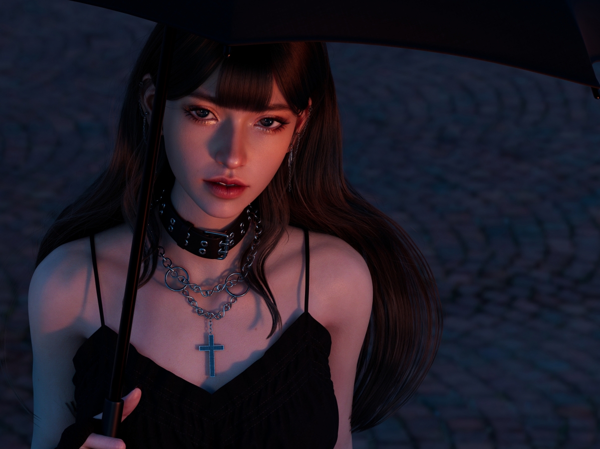 3D美女佩戴十字架项链，撑伞姿态iPad平板壁纸，高清2732x2048下载