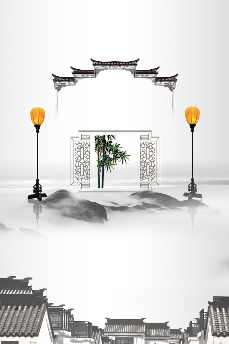 复古中国风家居海报背景模板，水墨元素，高清JPG/PSD格式素材下载