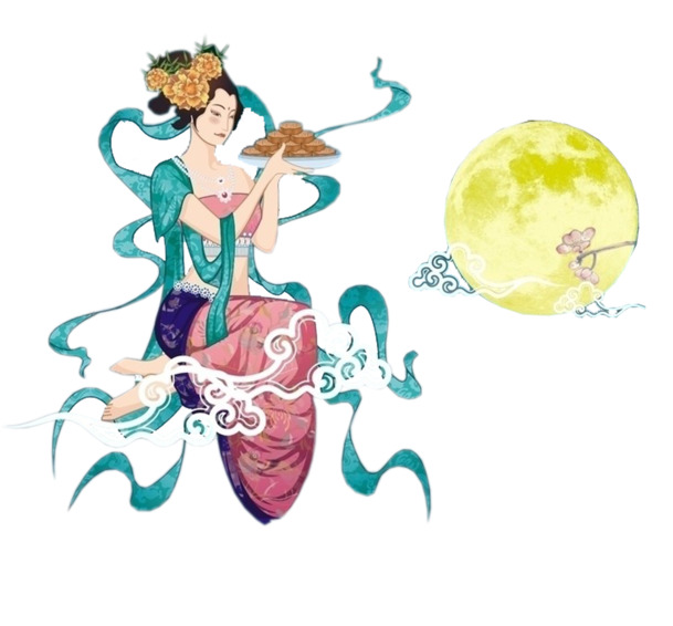 中秋佳节圆月照，仙女送饼PNG透明图，PSD设计素材免费下