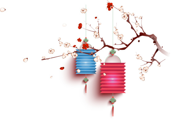 梅枝挂灯笼PNG透明图，中国风装饰元素，高清素材下载