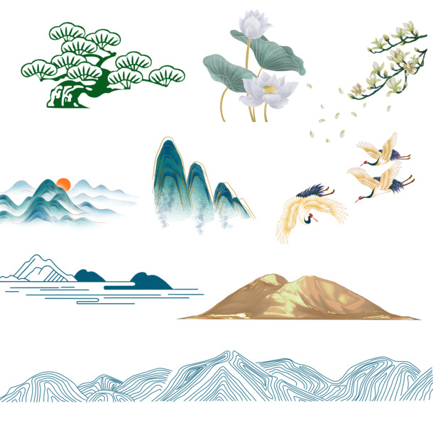 中国风山植物仙鹤PNG透明图片，高清装饰元素与设计素材下载