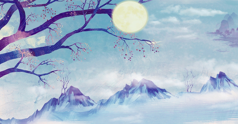雪山月夜梅花图，复古中国风高清JPG素材下载