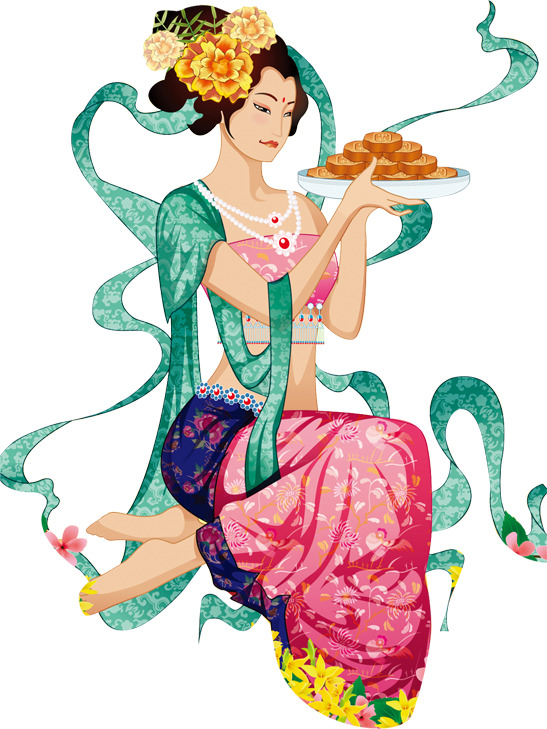 中秋佳节必备，绿色飞天仙女中国风月饼PNG透明图片，高清素材免费下载