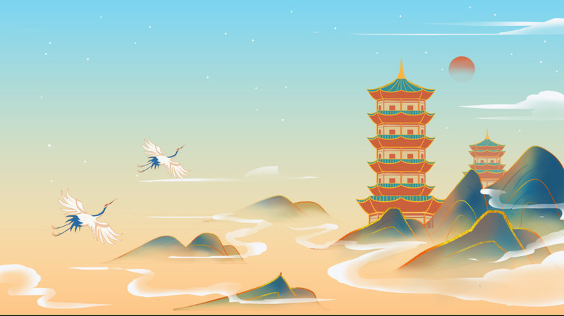 国潮山水古风建筑仙鹤图，中国风高清JPG素材，复古设计下载