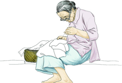 母亲手绘缝补衣服PNG透明图，节日元素设计素材，高清下载