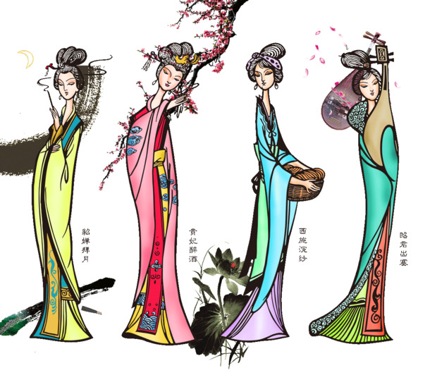 古代四大美人PNG透明图，中国风装饰元素，高清素材下载