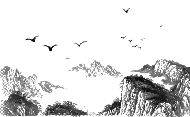 中国风水墨画风格，云海、大山与飞鸟，高清PNG透明图片，精美装饰元素设计素材下载