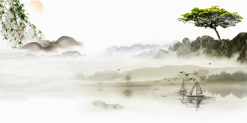 中国风水墨山水壁画海报背景，复古高清JPG素材下载