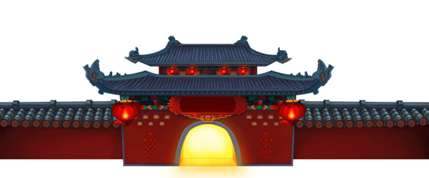 手绘中国风城墙游戏场景PNG透明图片，红色高清装饰元素，设计素材下载