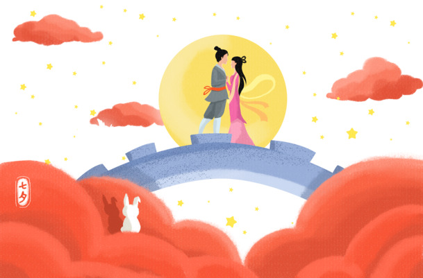 手绘牛郎织女鹊桥相会PNG/PSD素材，高清透明，节日设计必备下载