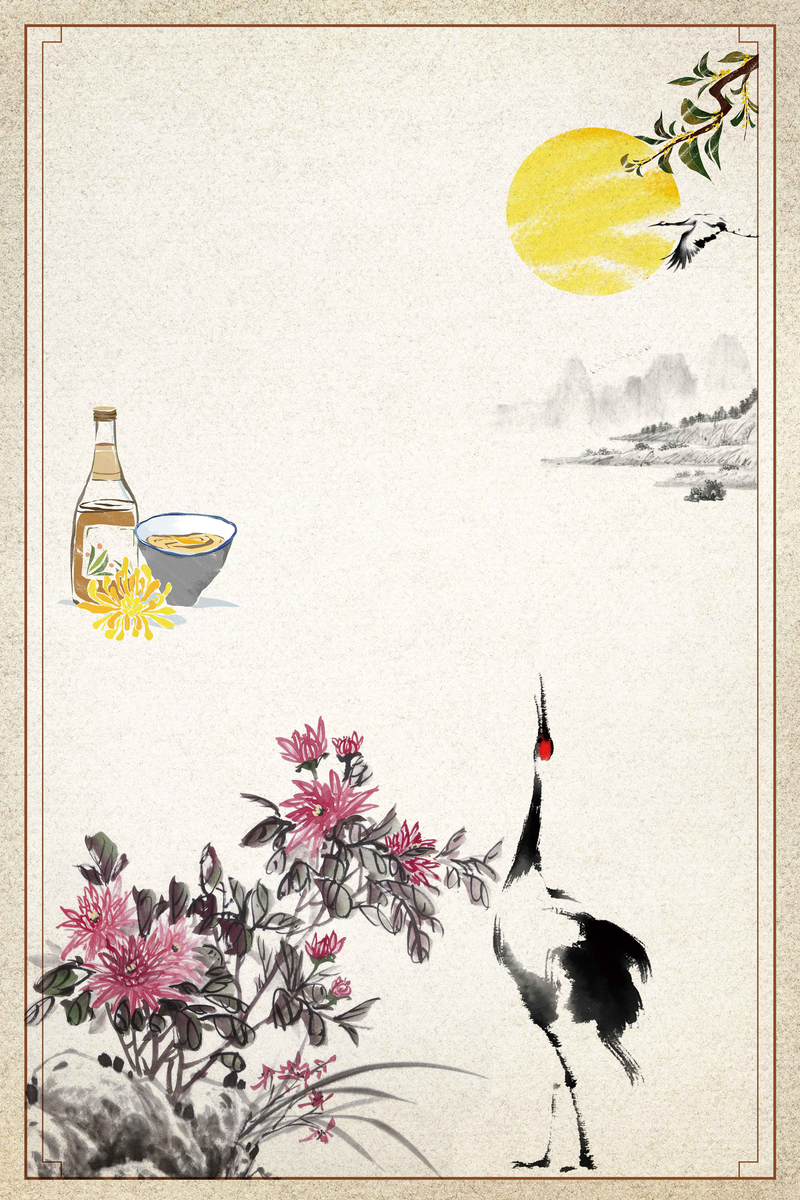 复古中国风图片，丹顶鹤与花朵边框背景，高清JPG素材下载
