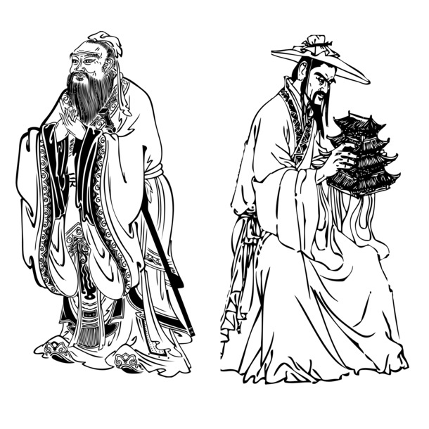孔子与鲁班线描矢量图，高清PNG透明素材，中国风装饰元素下载