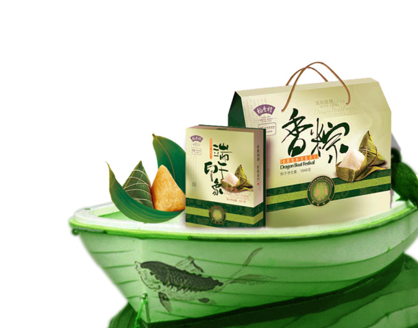 端午节高清PNG图片，黄色粽子绿色粽叶，透明背景，节日元素设计素材下载