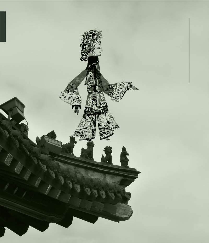 中国风古建筑皮影戏背景高清JPG与复古PSD设计素材下载