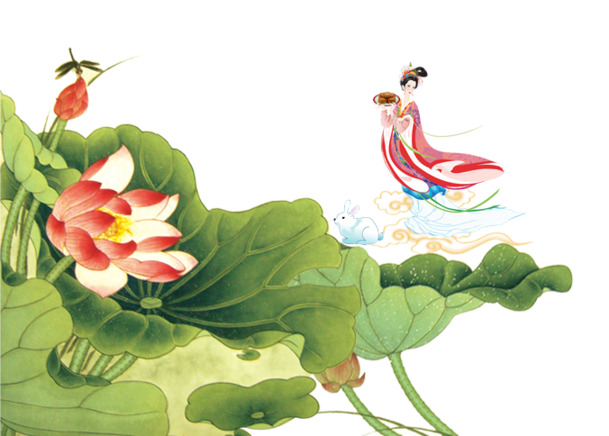 中秋佳节水墨荷花PNG透明图，PSD设计素材高清下载