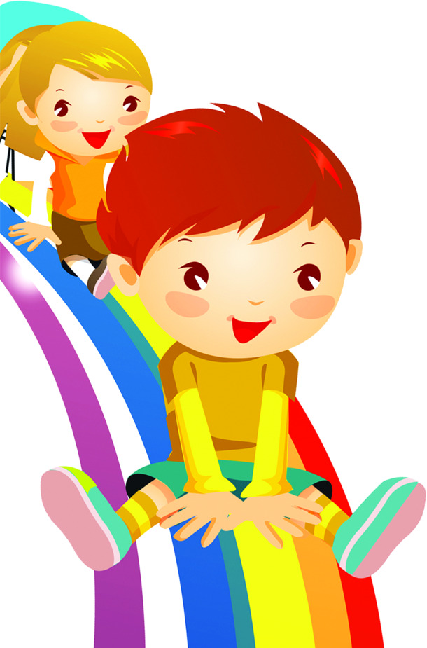 六一儿童节设计素材，卡通小孩彩虹滑梯高清PNG透明图片，节日氛围满满