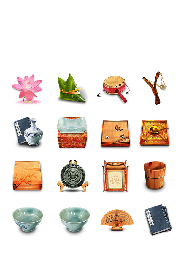 中式设计元素大赏，莲花、粽子、棋盘等高清PNG透明图，端午节日氛围轻松打造！