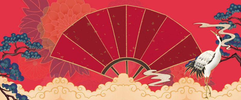 仙鹤迎客松扇面设计素材，复古中国风JPG/PSD高清下载