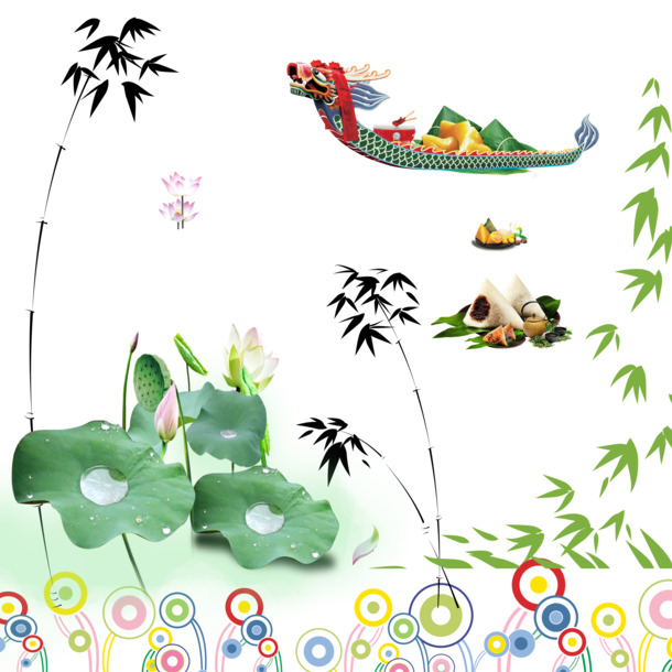 端午节PSD素材，龙舟荷花高清PNG透明图，设计节日元素轻松下载
