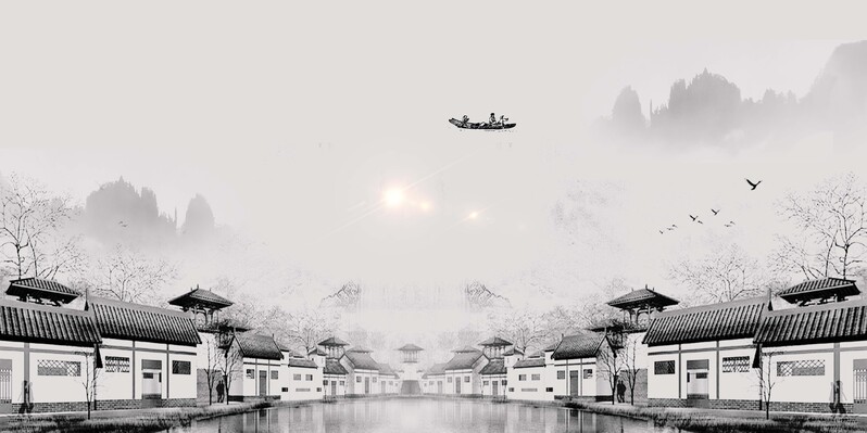 水墨江南水乡旅游海报素材，复古中国风JPG/PSD高清下载