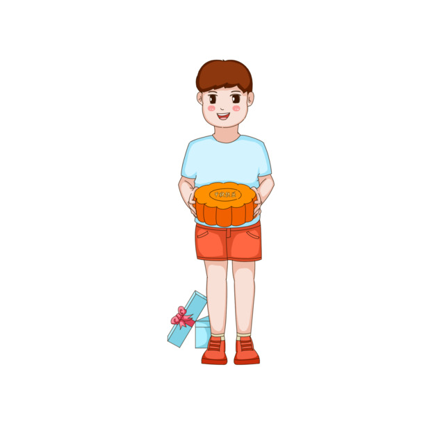 中秋手绘男孩捧月饼插画，高清PNG透明图，PSD设计素材免费下载