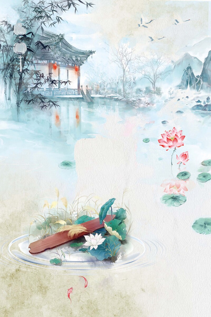 古风端午海报模板，水墨荷花背景，高清JPG/复古PSD素材下载