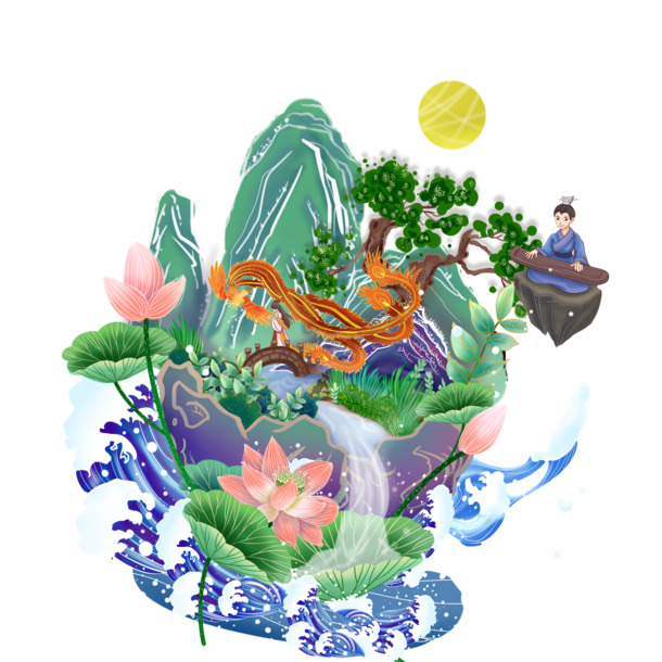 国潮山水风景PNG透明图，中国风PSD设计素材高清下载