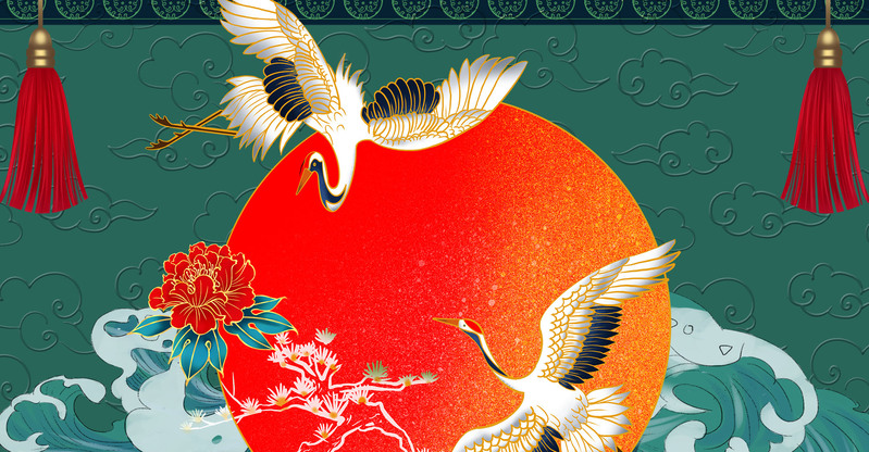 白鹤海上日出高清JPG，复古中国风PSD设计素材免费下载