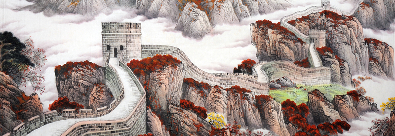 长城山水画背景图，复古中国风PSD/JPG高清素材下载
