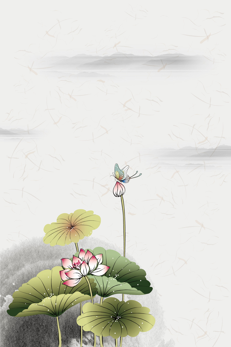 古风工笔画水墨荷花背景图，高清JPG+复古AI设计素材下载