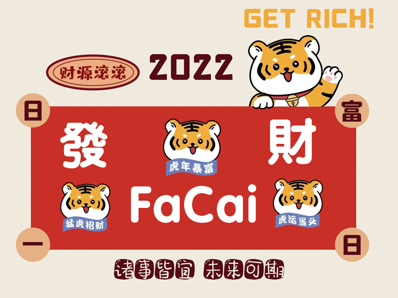 2022虎年可爱发财海报背景墙高清图，卡通手绘JPG/PSD素材下载