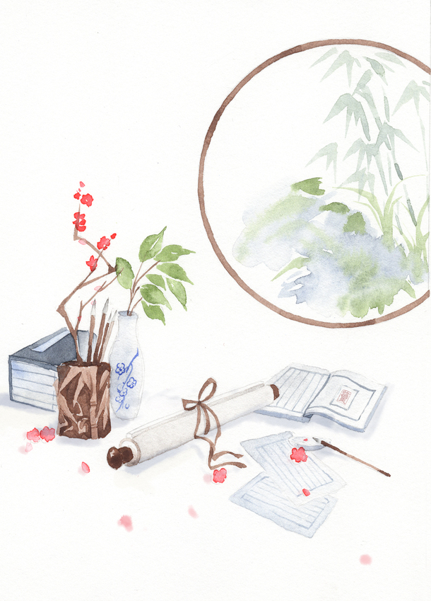 手绘水墨古风景色PNG素材，高清透明背景，卡通手绘设计下载