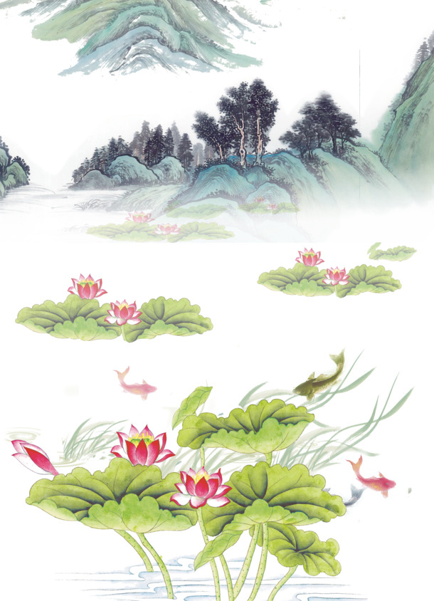 荷花鲤鱼水墨画PNG透明素材，中国风装饰元素高清下载