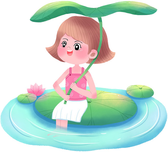 夏日荷塘小清新女孩避暑手绘PNG素材，高清透明图片设计下载