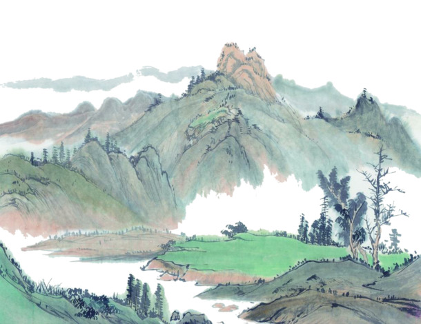 国画山水PNG透明图，手绘卡通元素，高清设计素材下载