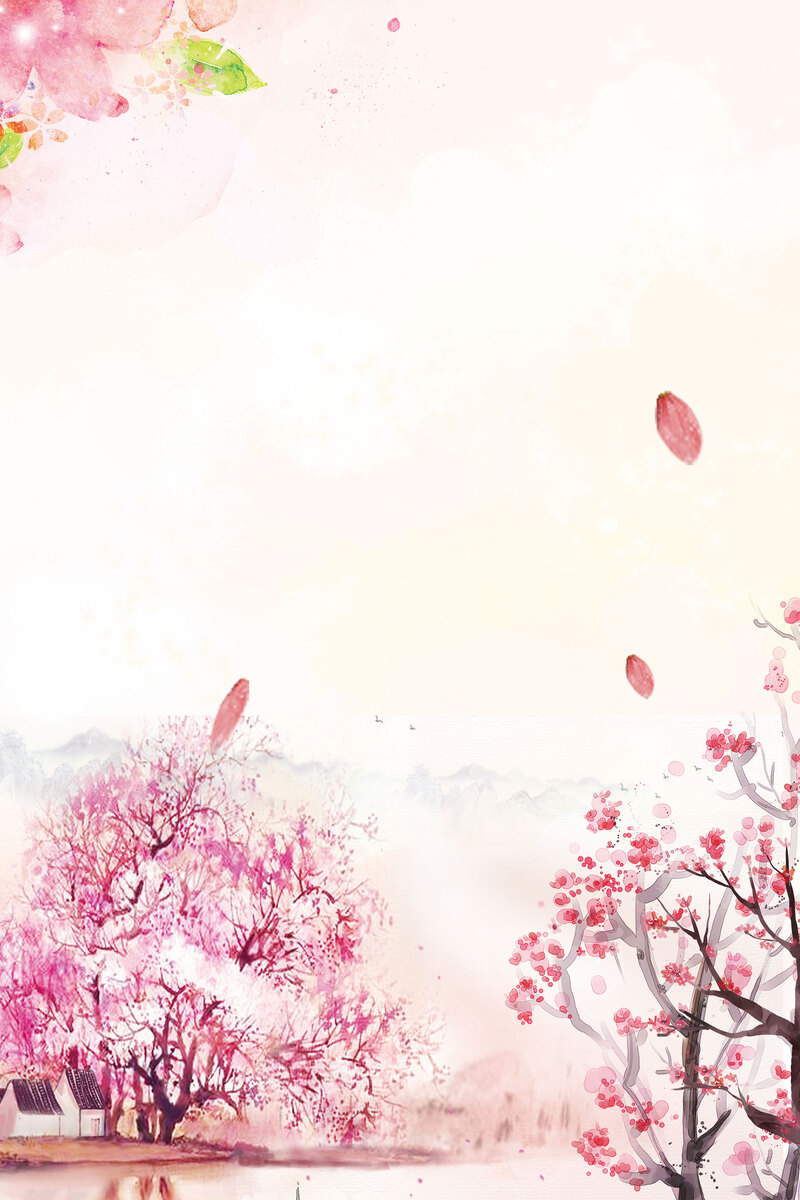 粉色古风桃花踏春背景图，复古中国风设计素材，高清JPG下载
