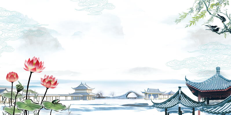 水墨江南美景如画，复古中国风设计素材（JPG/PSD高清下载）