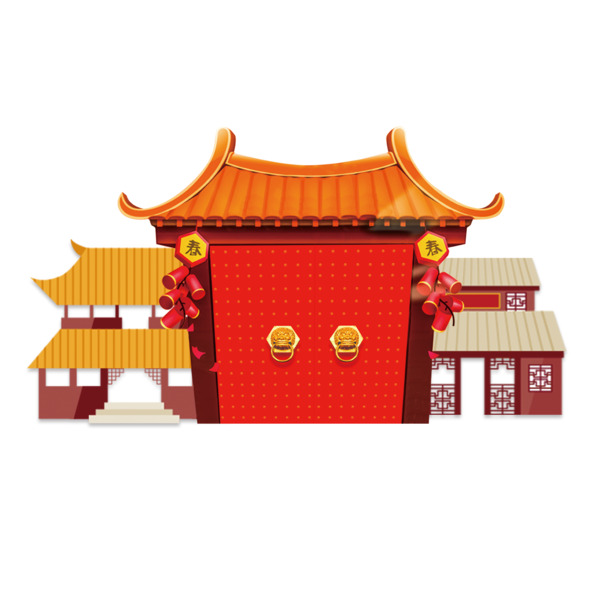 春节喜庆红韵，古典建筑扁平PNG透明图，中国风装饰元素下载