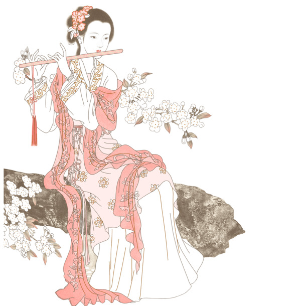 美人吹笛PNG透明图，手绘卡通元素，高清下载素材