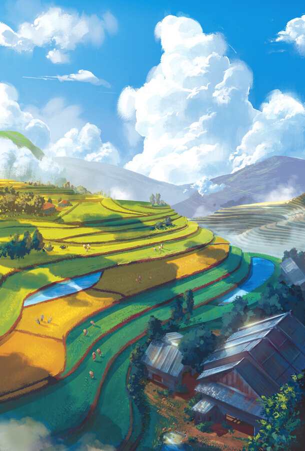 高清田野天空村庄插画，PNG透明背景，卡通手绘素材下载