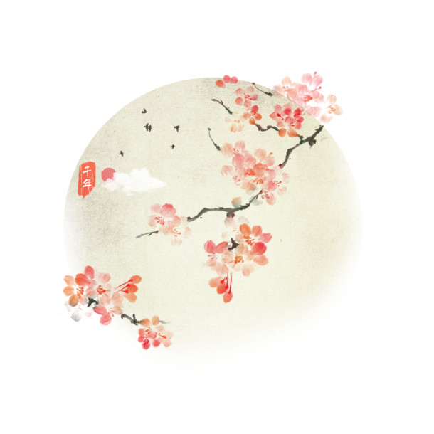 手绘桃花水墨插画，高清PNG透明背景，卡通风格，设计素材下载